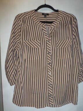 Elementz XL Tan Brown Striped Button Front Tunic Blouse 3/4 Sleeve